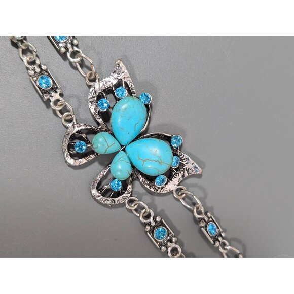 Beachy Boho Faux Turquoise Stone Butterfly Chain Bracelet 8" - Picture 1 of 7